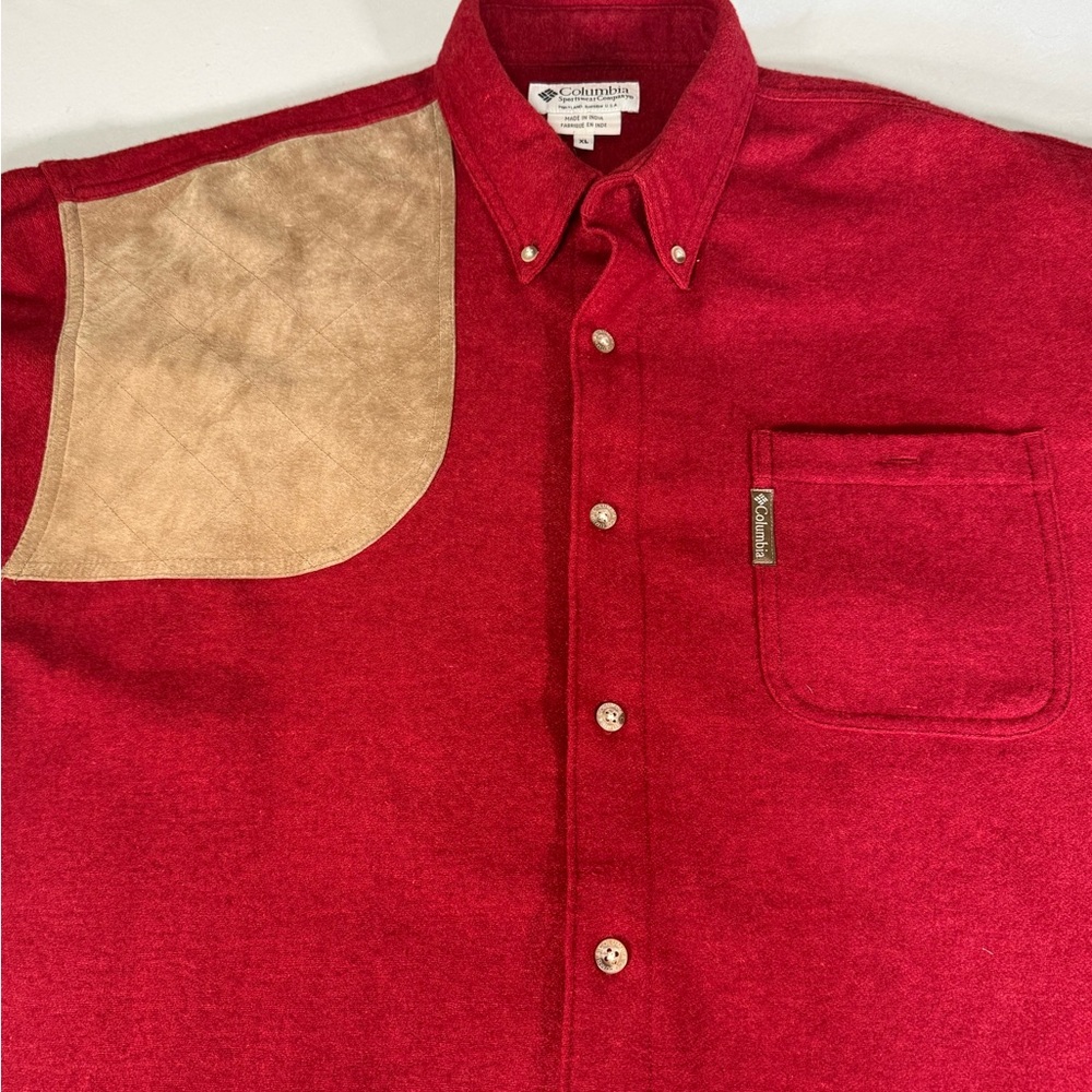 Columbia Wool Blend Shooting Shirt Jacket XL Hunting Leather Patch Red